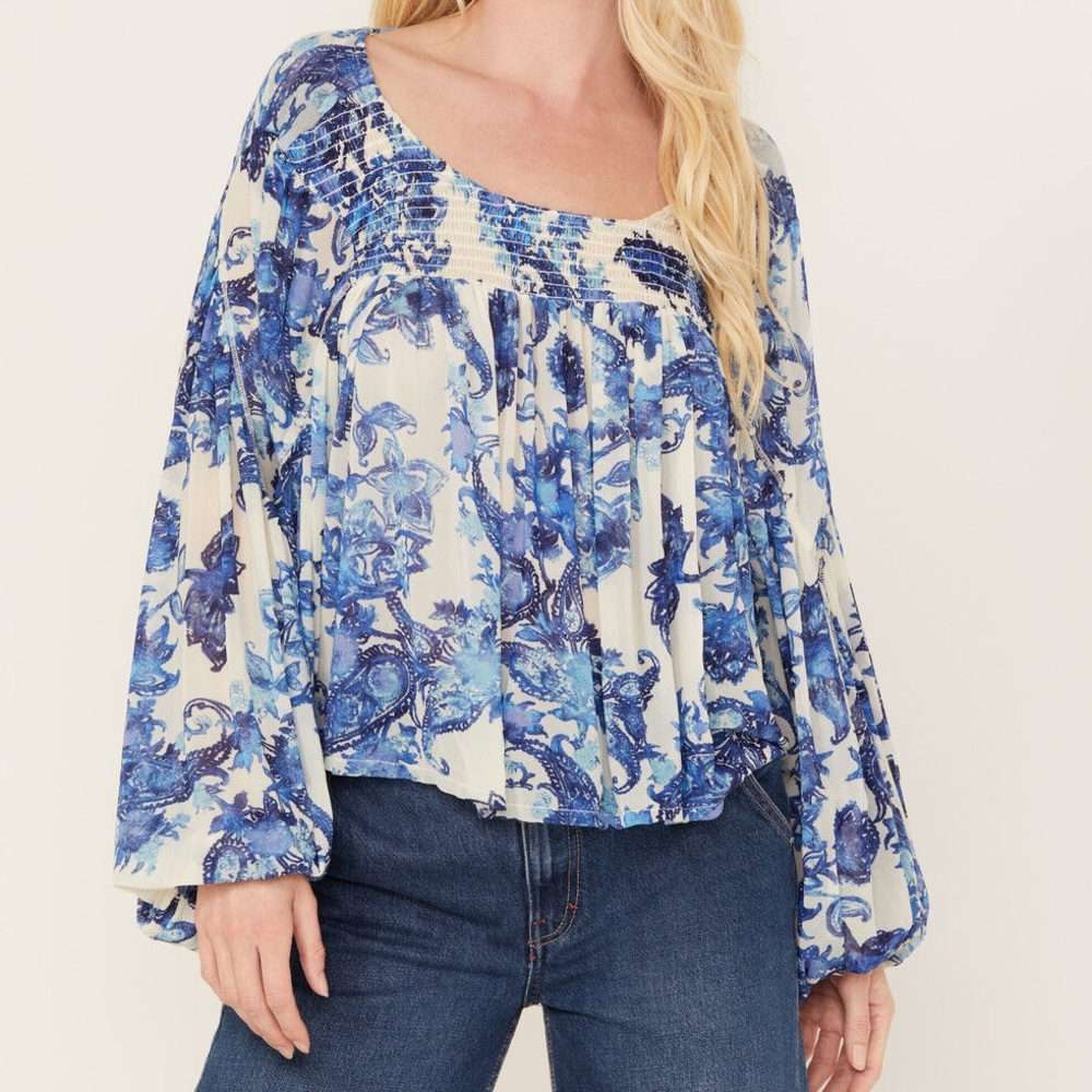 Free People Up For Anything Mesh Sheer‎ Balloon Sleeve Top with Tassel Back